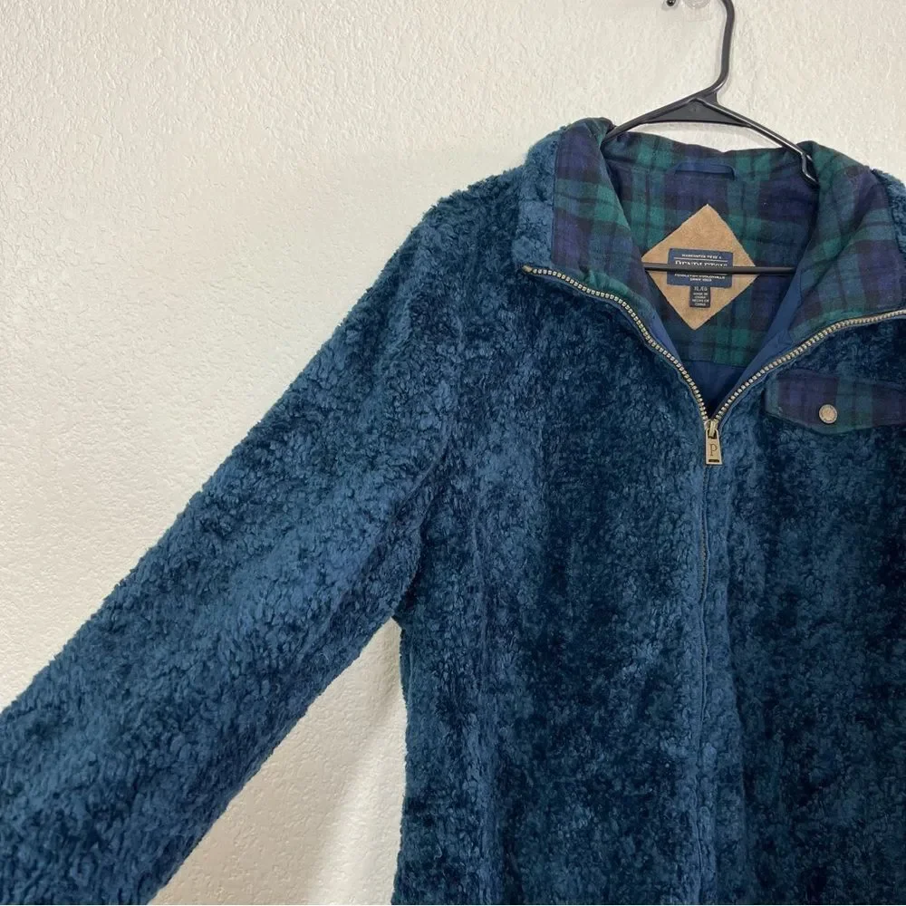 PENDLETON Coat Navy Blue Full Zip Teddy Jacket Wool Plaid Flannel Accents XL